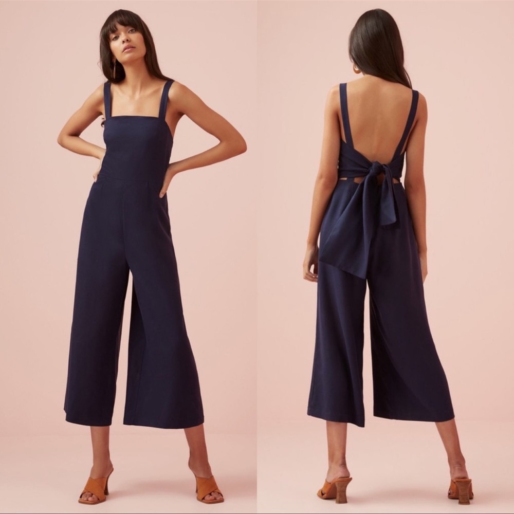 Super cute linen blend navy tie back jumpsuit